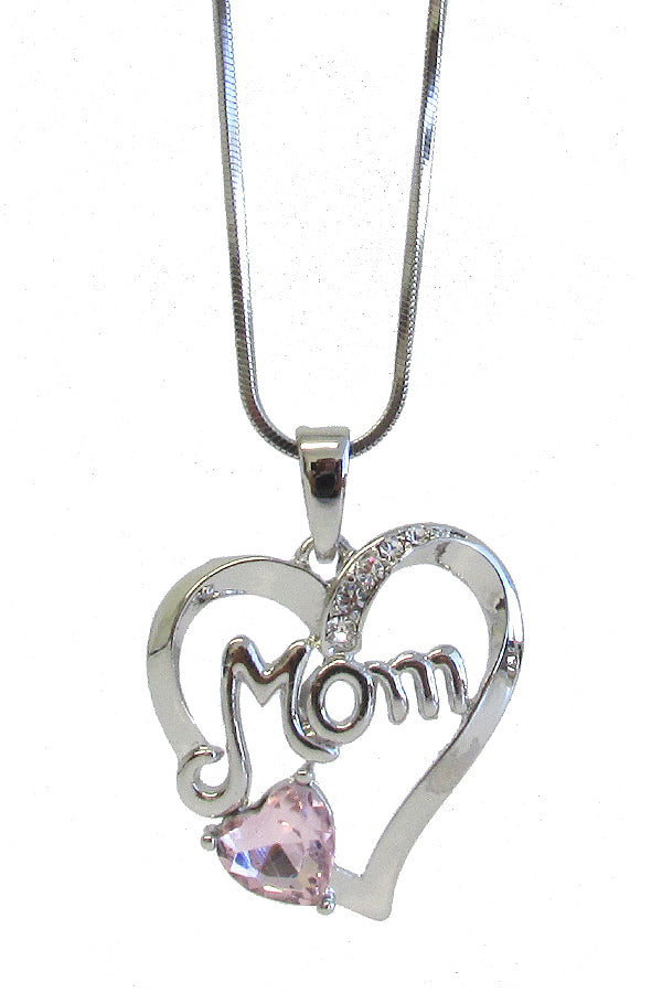 MADE IN KOREA WHITEGOLD PLATING MOTHERS DAY CRYSTAL MOM HEART PENDANT NECKLACE