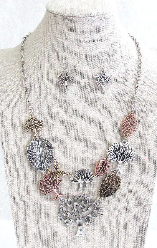 TREE OF LIFE THEME MULTI CHARM LINK BIB NECKLACE SET