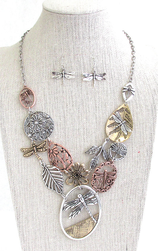 GARDEN THEME MULTI CHARM LINK BIB NECKLACE SET - DRAGONFLY