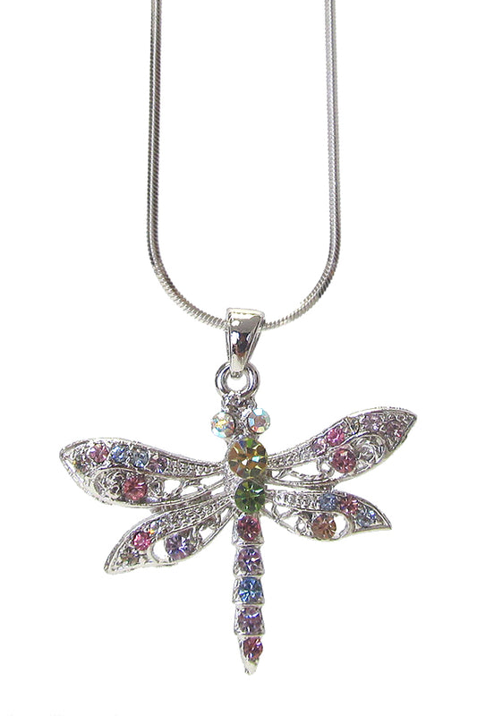 MADE IN KOREA WHITEGOLD PLATING CRYSTAL DRAGONFLY PENDANT NECKLACE