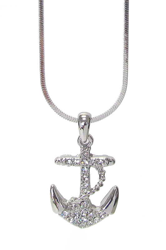 MADE IN KOREA WHITEGOLD PLATING CRYSTAL ANCHOR PENDANT NECKLACE