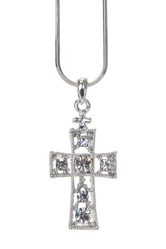 MADE IN KOREA WHITEGOLD PLATING CRYSTAL CROSS PENDANT NECKLACE