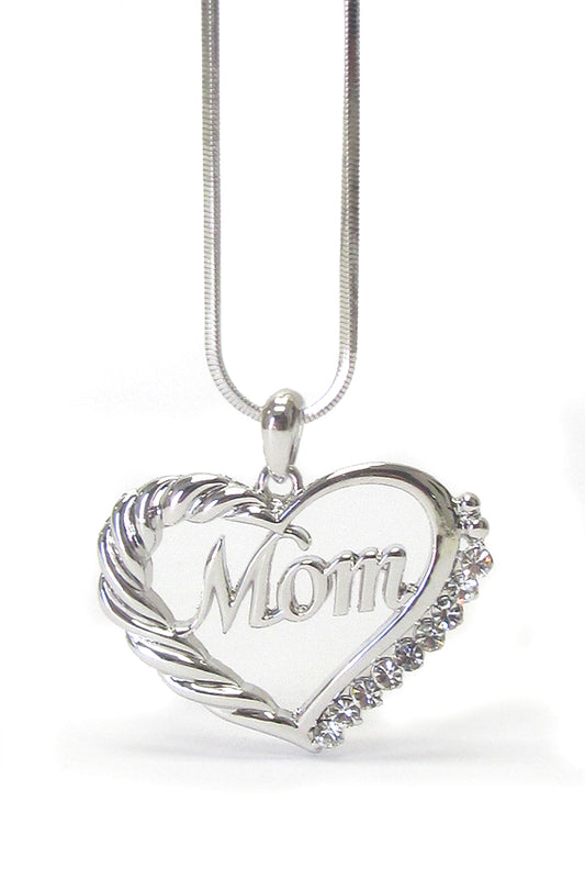 MADE IN KOREA WHITEGOLD PLATING CRYSTAL MOM HEART PENDANT NECKLACE