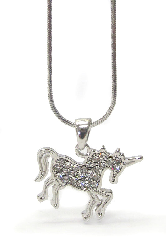 MADE IN KOREA WHITEGOLD PLATING CRYSTAL UNICORN  PENDANT NECKLACE