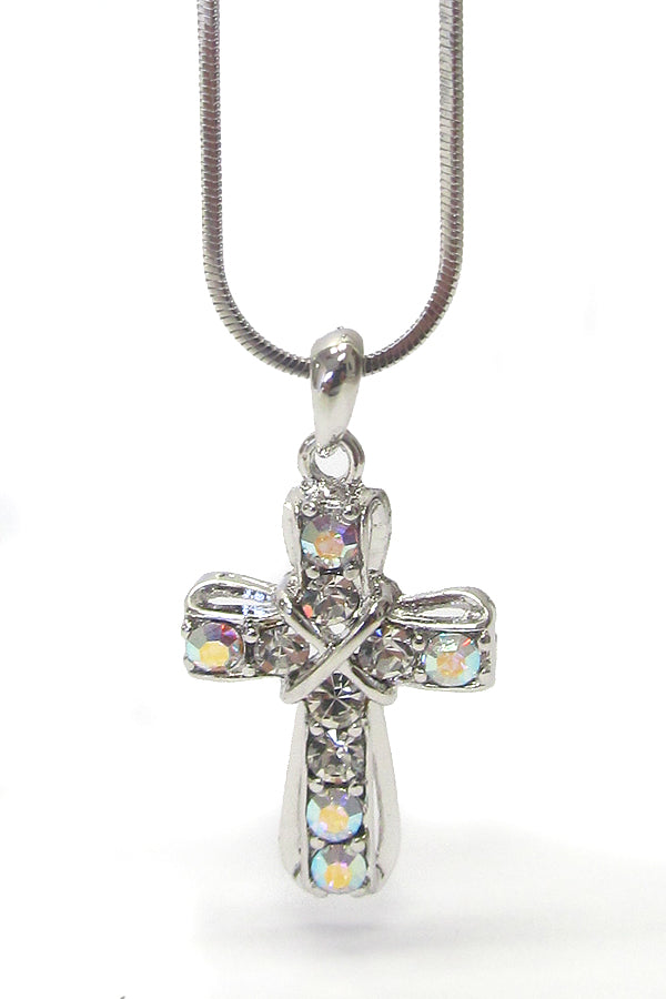 MADE IN KOREA WHITEGOLD PLATING CRYSTAL STUD CROSS PENDANT NECKLACE