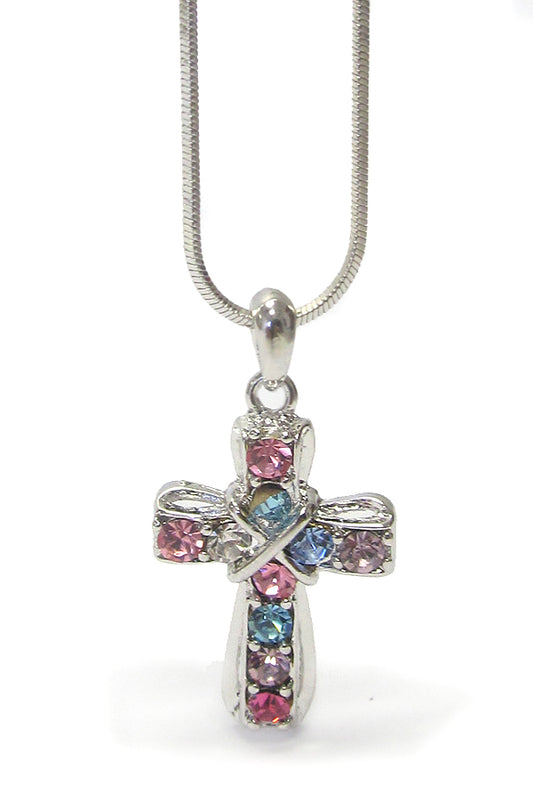 MADE IN KOREA WHITEGOLD PLATING CRYSTAL STUD CROSS PENDANT NECKLACE