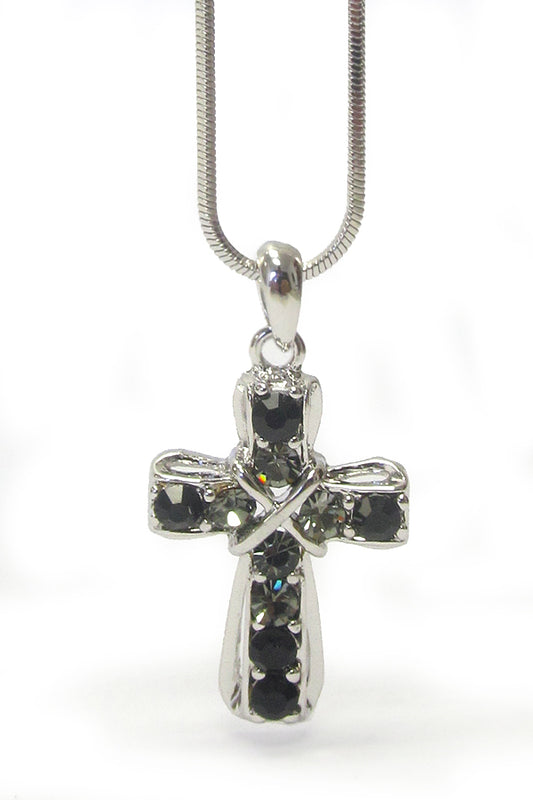 MADE IN KOREA WHITEGOLD PLATING CRYSTAL STUD CROSS PENDANT NECKLACE