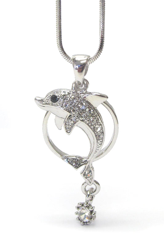 MADE IN KOREA WHITEGOLD PLATING CRYSTAL DOLPHIN PENDANT NECKLACE