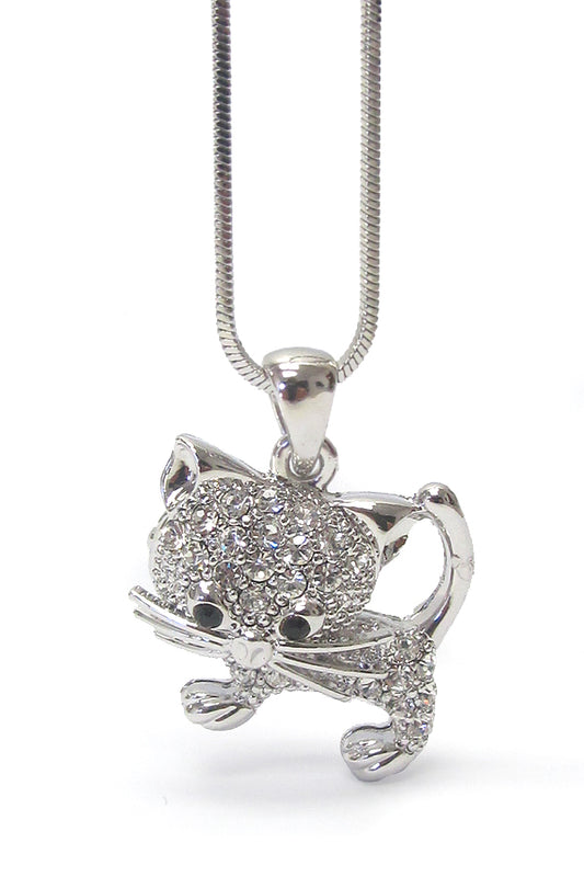 MADE IN KOREA WHITEGOLD PLATING CRYSTAL STUD CAT PENDANT NECKLACE