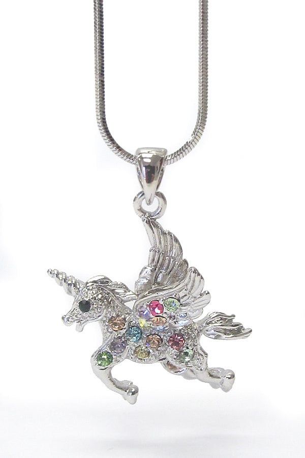 MADE IN KOREA WHITEGOLD PLATING CRYSTAL UNICORN PENDANT NECKLACE