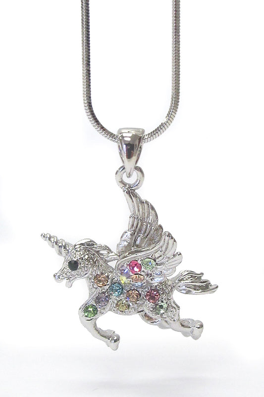 MADE IN KOREA WHITEGOLD PLATING CRYSTAL UNICORN PENDANT NECKLACE