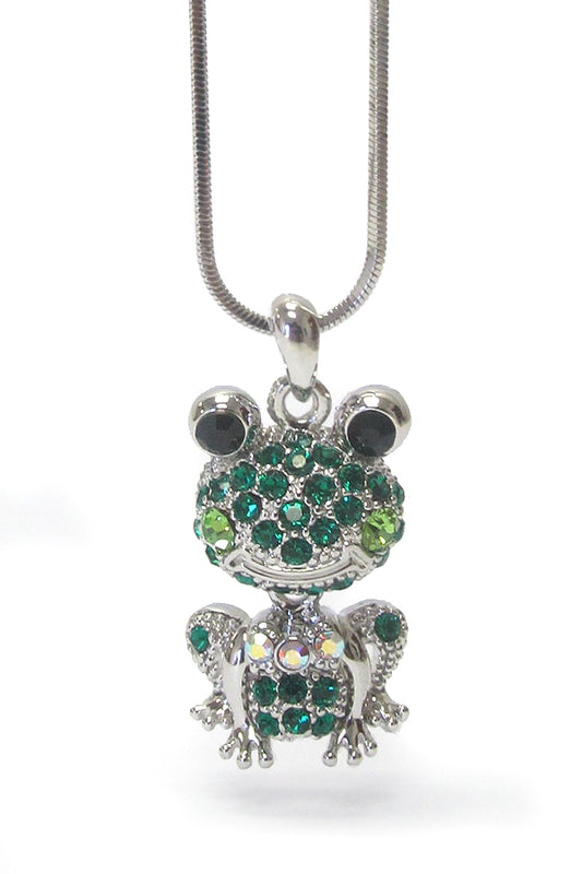 MADE IN KOREA WHITEGOLD PLATING CRYSTAL FROG PENDANT NECKLACE- NODDING HEAD