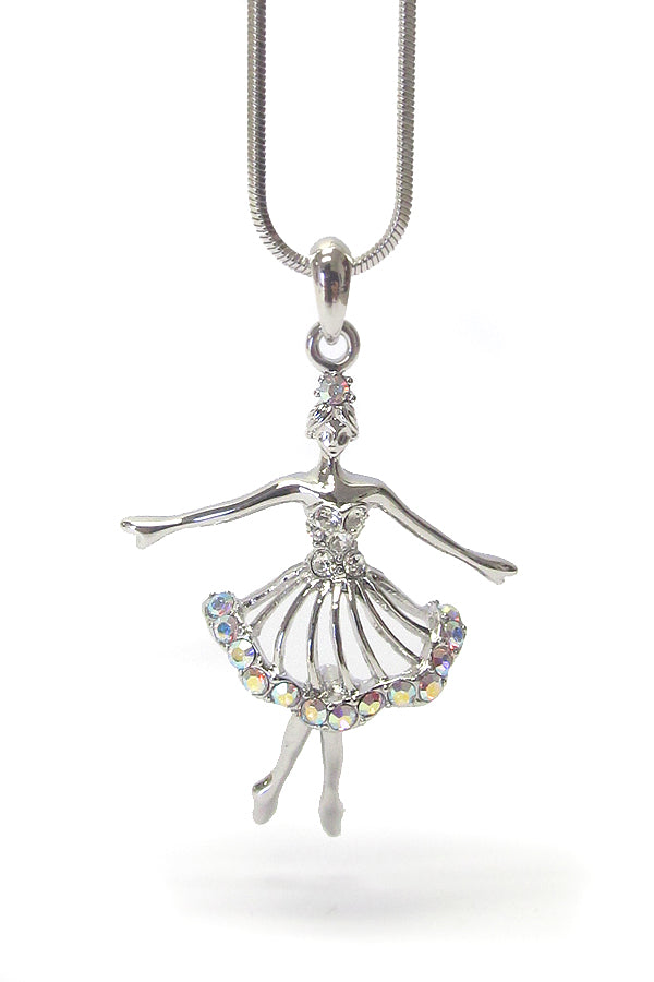 MADE IN KOREA WHITEGOLD PLATING CRYSTAL BALLET THEME PENDANT NECKLACE