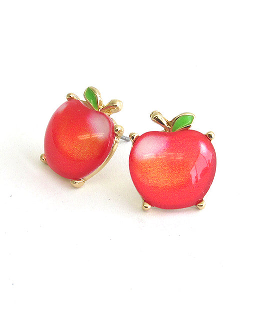 FRUIT THEME CABOCHON STUD EARRING - APPLE