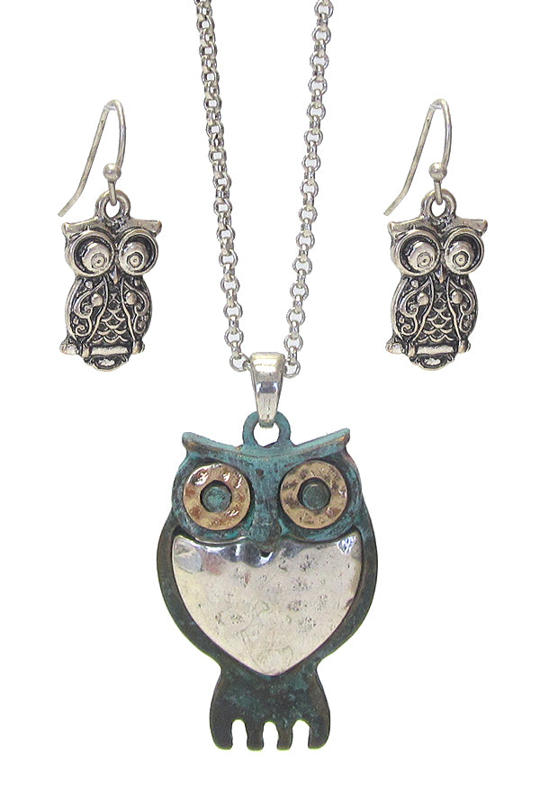 METAL OWL PENDANT NECKLACE SET