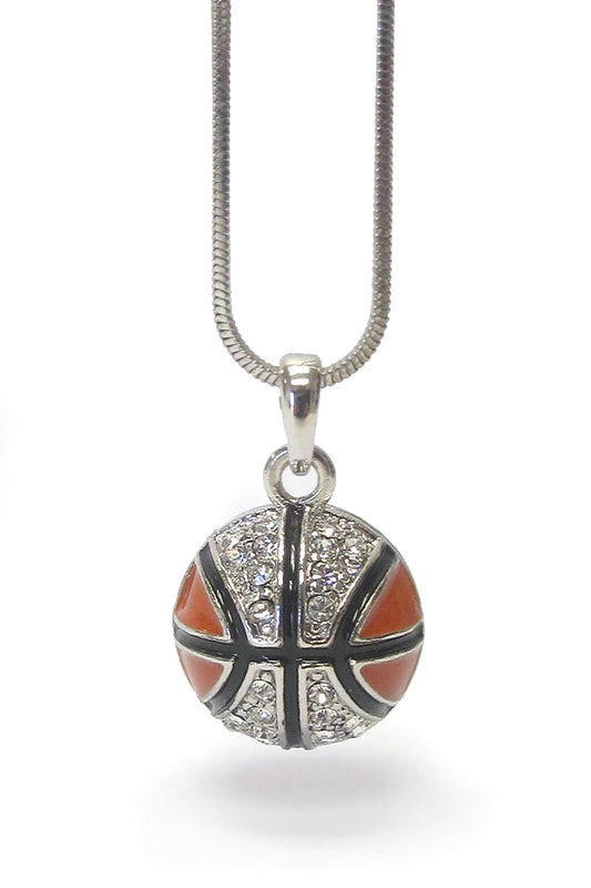 MADE IN KOREA WHITEGOLD PLATING EPOXY AND CRYSTAL DECO BASKETBALL PENDANT NECKLACE