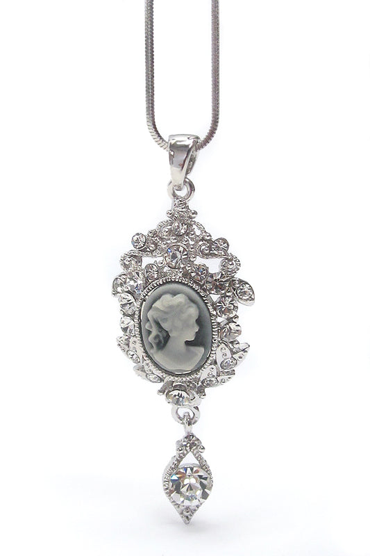 MADE IN KOREA WHITEGOLD PLATING CRYSTAL STUD CAMEO PENDANT AND CRYSTAL DANGLE NECKLACE