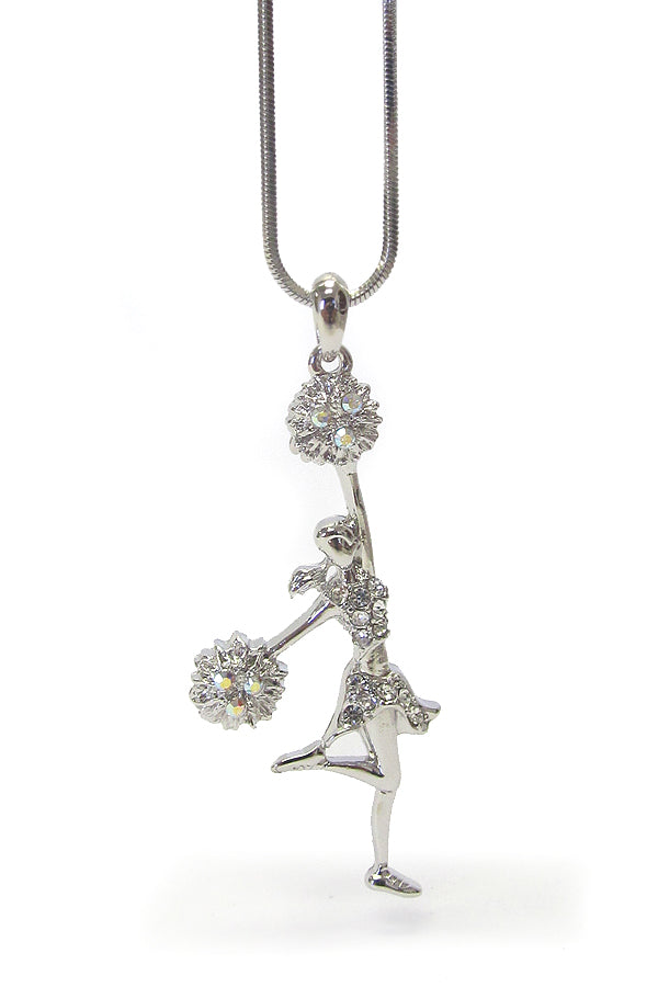 MADE IN KOREA WHITEGOLD PLATING CRYSTAL CHEERLEADER PENDANT NECKLACE