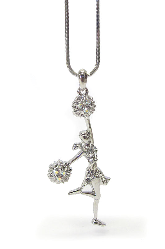 MADE IN KOREA WHITEGOLD PLATING CRYSTAL CHEERLEADER PENDANT NECKLACE