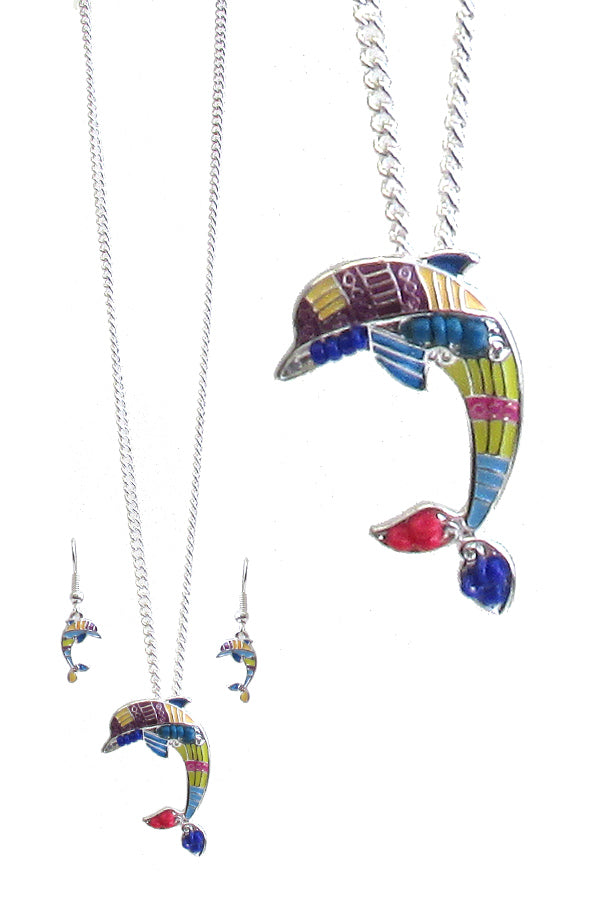 SEALIFE THEME EPOXY DOLPHIN PENDANT NECKLACE SET