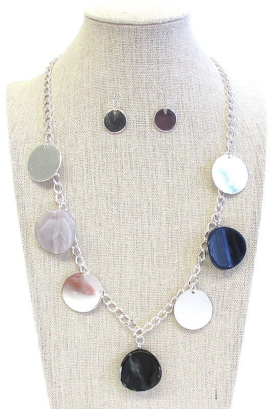 MULTI METAL AND ACRYLIC DISC DANGLE NECKLACE SET