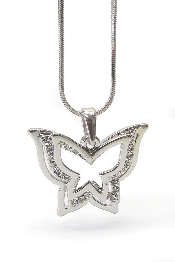 MADE IN KOREA WHITEGOLD PLATING CRYSTAL STUD BUTTERFLY FRAME PENDANT NECKLACE