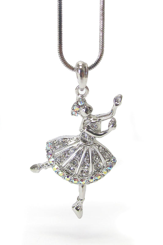 MADE IN KOREA WHITEGOLD PLATING CRYSTAL BALLET THEME PENDANT NECKLACE