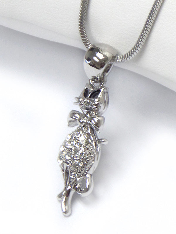 MADE IN KOREA WHITEGOLD PLATING CRYSTAL STUD CAT PENDANT NECKLACE