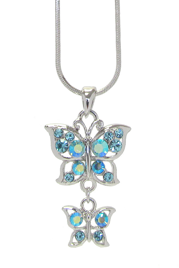 MADE IN KOREA WHITEGOLD PLATING CRYSTAL DOUBLE BUTTERFLY PENDANT NECKLACE