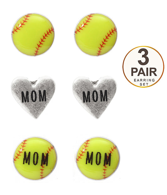 SPORT THEME 3 PAIR EARRING SET - SOFTBALL