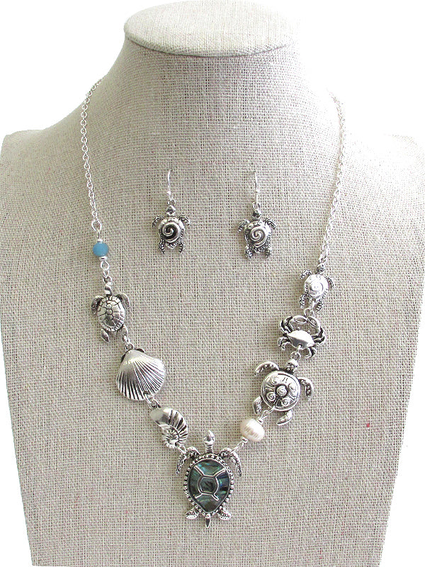 SEALIFE THEME MULTI CHARM LINK NECKLACE SET - TURTLE CRAB SHELL