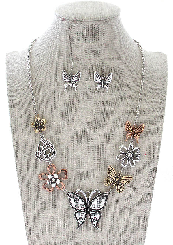 GARDEN THEME MULTI BUTTERFLY AND FLOWER NECKLACE SET