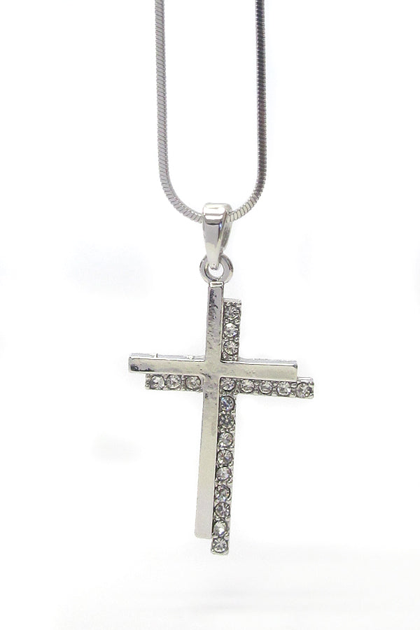 MADE IN KOREA WHITEGOLD PLATING CRYSTAL CROSS PENDANT NECKLACE