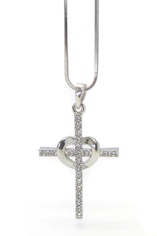 MADE IN KOREA WHITEGOLD PLATING CRYSTAL HEART CROSS PENDANT NECKLACE