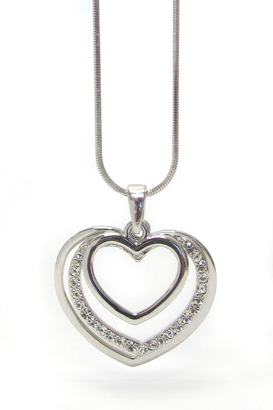 MADE IN KOREA WHITEGOLD PLATING TRIPLE CRYSTAL HEART NECKLACE -valentine