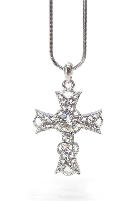 MADE IN KOREA WHITEGOLD PLATING CRYSTAL CROSS PENDANT NECKLACE