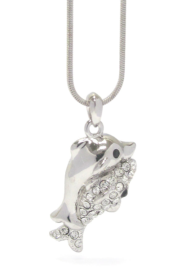 MADE IN KOREA WHITEGOLD PLATING CRYSTAL DONPHINS PENDANT NECKLACE