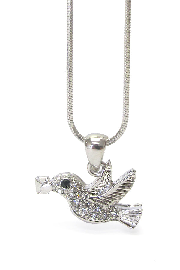 MADE IN KOREA WHITEGOLD PLATING CRYSTAL MAILING BIRD PENDANT NECKLACE