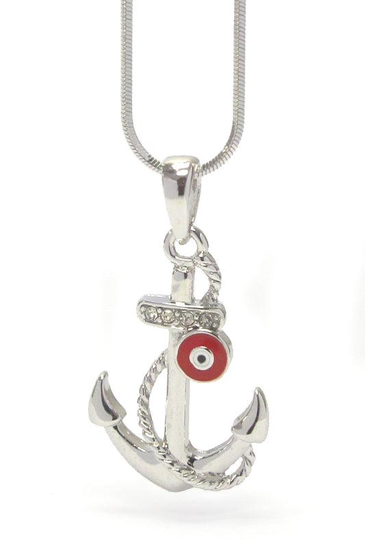 MADE IN KOREA WHITEGOLD PLATING EVILEYE CRYSTAL ANCHOR PENDANT NECKLACE