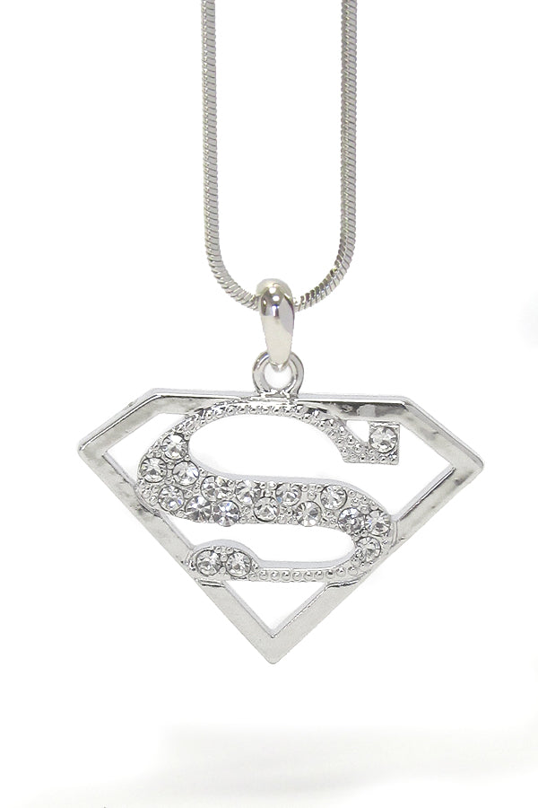 MADE IN KOREA WHITEGOLD PLATING CRYSTAL SUPERMAN SYMBOL NECKLACE