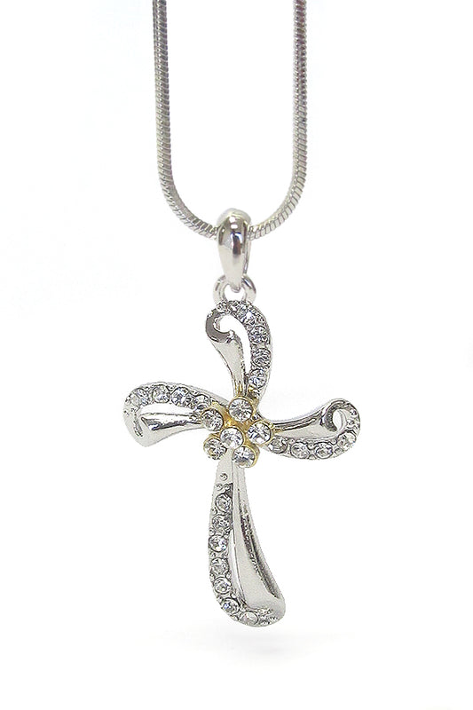 MADE IN KOREA WHITEGOLD PLATING CRYSTAL CROSS PENDANT NECKLACE