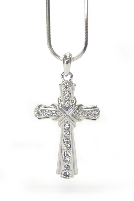 MADE IN KOREA WHITEGOLD PLATING CRYSTAL STUD CROSS PENDANT NECKLACE