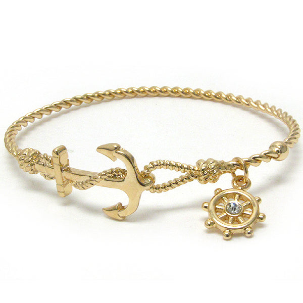 CRYSTAL WHEEL CHARM AND ANCHOR AND TWIST WIRE BAND BANGLE BRACELET
