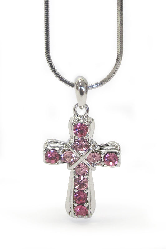 MADE IN KOREA WHITEGOLD PLATING CRYSTAL STUD CROSS PENDANT NECKLACE