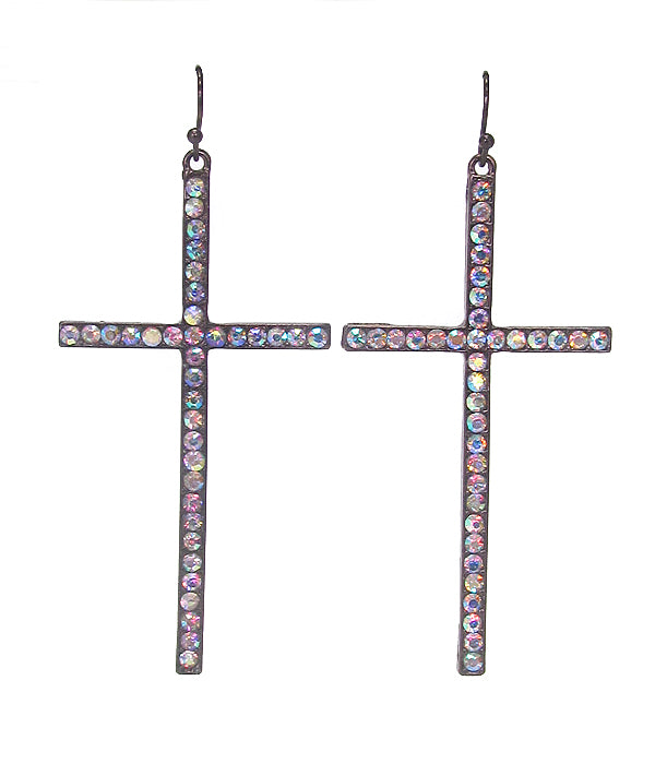 CRYSTAL LONG CROSS EARRING