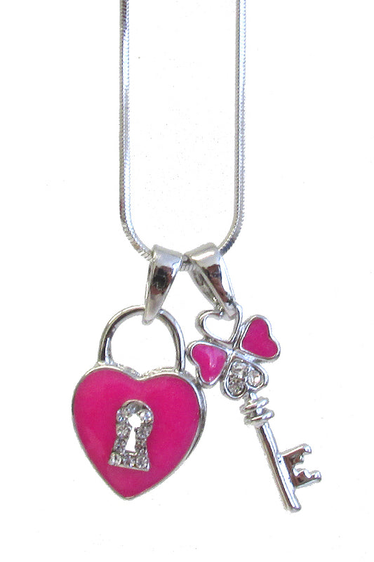 WHITEGOLD PALTING CRYSTAL AND EPOXY KEY AND HEART LOCK DUAL PENDANT NECKLACE -valentine