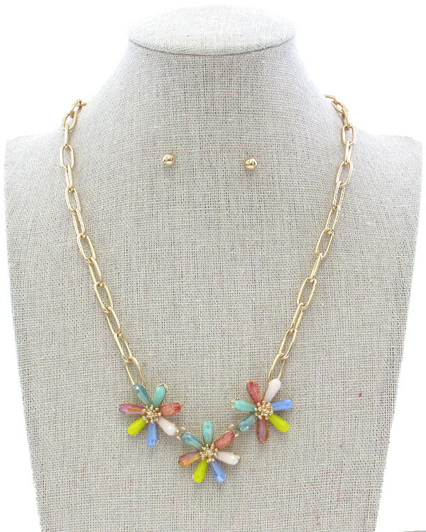 FACET STONE PETAL TRIPLE FLOWER PENDANT NECKLACE SET