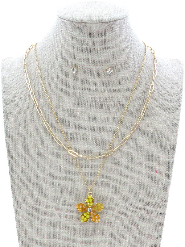 MULTI SEEDBEAD FLOWER PENDANT NECKLACE SET