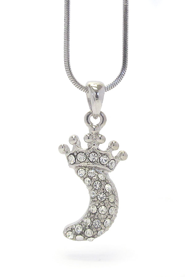 MADE IN KOREA WHITEGOLD PLATING CRYSTAL CROWN ON CRESCENT PENDANT NECKLACE