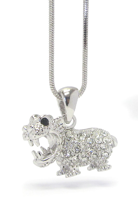 MADE IN KOREA WHITEGOLD PLATING CRYSTAL HIPPO PENDANT NECKLACE